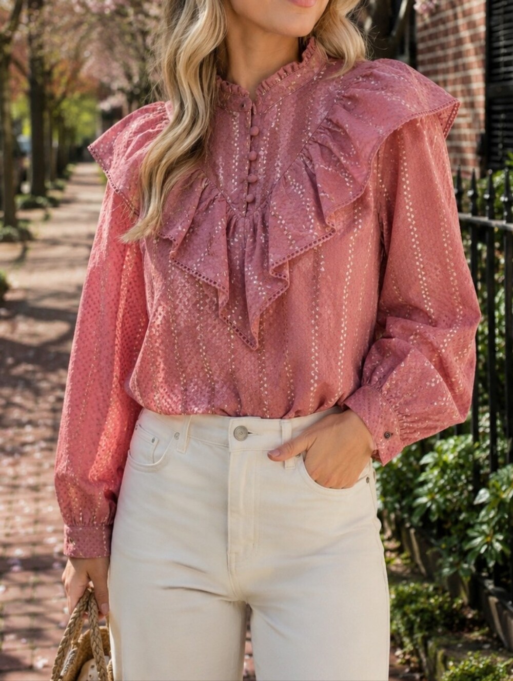 NWT Tramontana Dusty Rose Ruffle-Yoke Blouse 100% Cotton Romantic US M EU 38